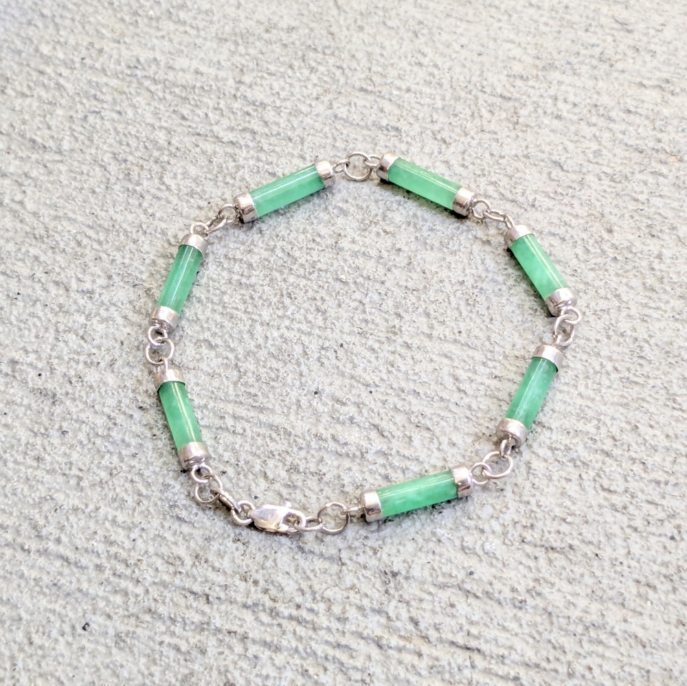 Sterling Silver Bracelet Jade Cylinder Tube Green 7.25"